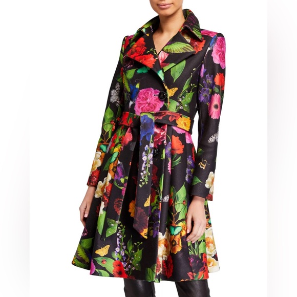 Alice + Olivia Leila Botanical Fit-and-Flare Coat Medium Butterflies Flowers - Picture 2 of 15